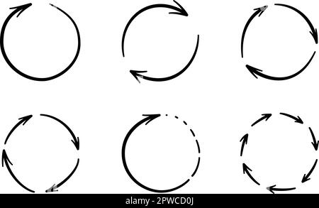 Flèches rondes. Ensemble d'icônes de flèche de cercle dessinées à la main. Recyclez les affiches de croquis. Répéter les symboles de ligne graphique. Illustration de l'oeddle vectoriel isolée sur Illustration de Vecteur