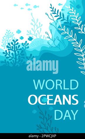 Image stylisée décorative d'une tortue de mer et d'une vie sous-marine. Journée mondiale des océans Illustration de Vecteur