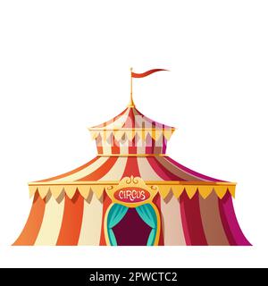 Tente de cirque à rayures rouges et blanches sur le parc d'attractions du carnaval. Icône de dessin animé vectoriel du chapiteau du cirque, marquise du festival avec drapeau sur le dessus et entrée ouverte isolée sur fond blanc Illustration de Vecteur