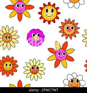Groovy hippie fleur sans coutures. Fleurs colorées arrière-plan tendance style rétro trippy 70s Illustration de Vecteur
