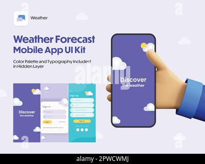 Écrans d'interface utilisateur de l'application mobile de prévisions météo, notamment connexion, connexion au site Web réactif. Illustration de Vecteur