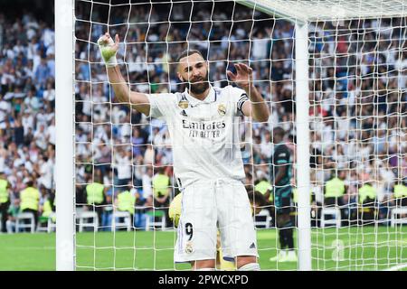 Madrid, Espagne. 29th avril 2023. Karim Benzema du Real Madrid réagit lors du match de football espagnol de la Liga entre Real Madrid et UD Almeria à Madrid, Espagne, 29 avril 2023. Credit: Gustavo Valiente/Xinhua/Alamy Live News Banque D'Images