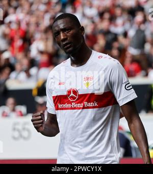 Stuttgart, Allemagne. 29th avril 2023. Serhou Guirassy, de Stuttgart, fête ses scores lors du match de football allemand de la Bundesliga entre VfB Stuttgart et Borussia Moenchengladbach à Stuttgart, Allemagne, 29 avril 2023. Credit: Philippe Ruiz/Xinhua/Alay Live News Banque D'Images