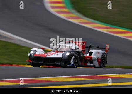 Stavelot, Belgique. 29th avril 2023. Toyota Gazoo Racing Toyota GR010 voiture de course hybride n°7 de la catégorie Hypercar est vu pendant la course de 6 heures de Spa-Francorchamps, le troisième tour du Championnat du monde d'endurance (WEC) FIA 2023 au circuit de Spa-Francorchamps à Stavelot, Belgique, 29 avril 2023. Credit: Zheng Huansong/Xinhua/Alay Live News Banque D'Images