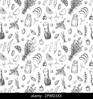 Motif sans coutures pour les aliments. Illustration vectorielle dans le style d'esquisse. Décor et menu de restaurant vintage Illustration de Vecteur