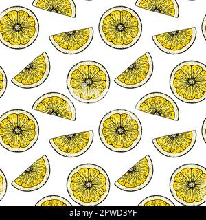 Motif sans coutures en tranches de citron. Illustration vectorielle colorée dessinée à la main dans un style d'esquisse. Fond tropical exotique d'été aux agrumes Illustration de Vecteur