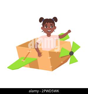 Enfant avec pilote de costume et avion de carton boxe illustration vectorielle. Dessin animé créatif enfant dans un bateau en carton isolé sur fond blanc Illustration de Vecteur