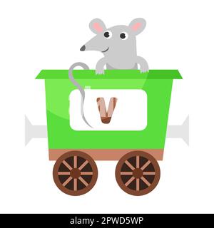 Lettre V. adorable animal en train alphabet coloré. Illustration vectorielle du jouet d'apprentissage pour les enfants d'âge préscolaire. Animaux de dessin animé assis dans le transport Illustration de Vecteur