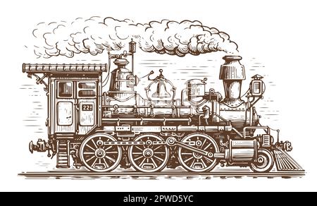 Train rétro dans le style de la gravure vintage. Locomotive à vapeur tirée à la main. Illustration du vecteur d'esquisse du transport ferroviaire Illustration de Vecteur