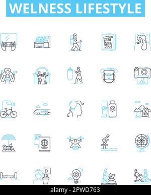 Jeu d'icônes de lignes vectorielles style de vie de bien-être. Bien-être, style de vie, Santé, condition physique, régime, Nutrition, illustration de l'exercice décrit les symboles de concept et Illustration de Vecteur