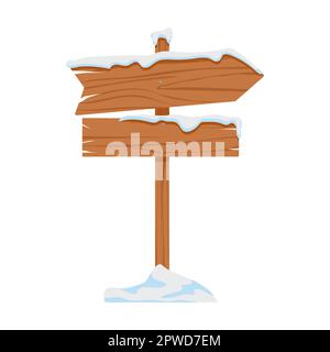 Chantage en bois d'époque recouvert d'une illustration représentant un vecteur de neige. Panneau de signalisation enneigé, panneau de signalisation ou bannière en bois isolé sur fond blanc Illustration de Vecteur