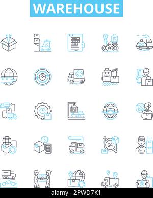 Ensemble d'icônes de ligne vectorielle d'entrepôt. entrepôt, stockage, dépôt, installation, logistique, l'entrepôt, l'illustration de l'inventaire, présente les symboles et les affiches du concept Illustration de Vecteur