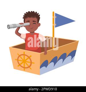 Enfant avec navire de costume en bois et pirate en carton boxe illustration vectorielle. Dessin animé créatif enfant dans un bateau en carton isolé sur fond blanc Illustration de Vecteur