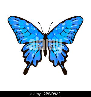 bleu rare aquarelle papillon. Illustration vectorielle de l'insecte avec motif sur les ailes. Silhouette de dessin animé avec papillon volant isolé sur blanc Illustration de Vecteur