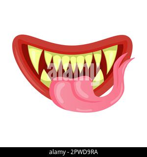 bouche de monstre fangs pointus et langue à fourche, illustration vectorielle de dessin animé. Joli et effrayant goblin, gremlin, aliens mouths avec langue Illustration de Vecteur