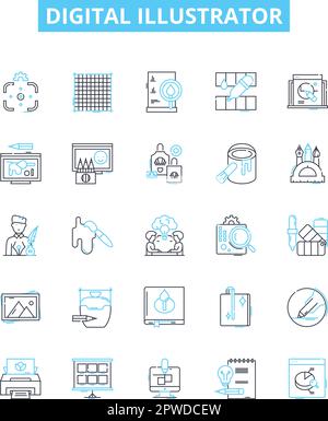 Jeu d'icônes de lignes vectorielles de l'illustrateur numérique. Numérique, illustrateur, concepteur, artiste, vecteurs, Graphiques, illustration du logiciel, symboles de concept Illustration de Vecteur