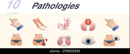 Ensemble de pathologies. Icônes créatives : vitiligo, varices, ulcères, urémie, verrues, varicelle, typhus, tuberculose, uvéite, watkins. Illustration de Vecteur