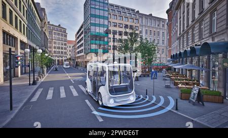 Bus électrique autonome autopilotant dans la rue, concept de technologie de véhicule intelligent, rendu 3D Banque D'Images