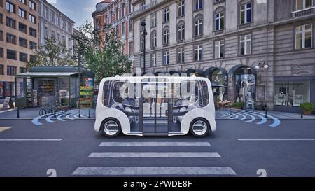 Bus électrique autonome autopilotant dans la rue, concept de technologie de véhicule intelligent, rendu 3D Banque D'Images