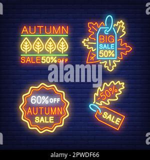 Soldes d'automne, moins cinquante pour cent de lettrages au néon Illustration de Vecteur