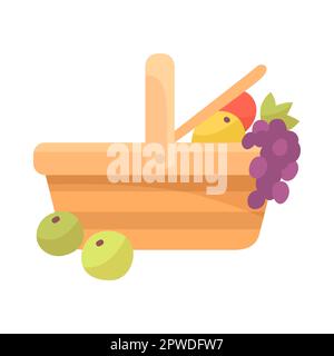 Panier en bois avec illustration de dessin animé de raisin et de fruits Illustration de Vecteur