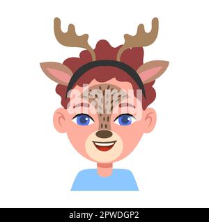 Portrait d'un enfant avec masque de cerf de forêt de visage, illustration de vecteur de maquillage. Enfants avec une peinture créative du visage ou un masque, animaux et héros isolés dessus Illustration de Vecteur