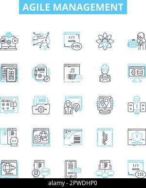 Jeu d'icônes de ligne de vecteur de gestion agile. Agile, gestion, processus, produit, développement, La mêlée, l'illustration de l'équipe, présente les symboles et les affiches du concept Illustration de Vecteur
