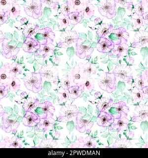 Motif sans couture anemone dessiné à la main. Fleurs roses et violettes aquarelles avec feuilles vertes sur fond blanc. Scrapbook, poster typographique, Banque D'Images