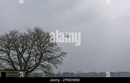 Un hélicoptère Merlin Mk 4 s'approchant du HMS Condor survolant les champs de Colliston par une journée gris couvert avec une visibilité et une pluie limitées. Banque D'Images