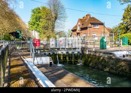 Les portes de Caversham Lock retiennent l'eau sur la Tamise à Reading dans le Berkshire, au Royaume-Uni Banque D'Images