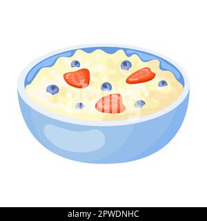 bol de porridge bouilli avec des morceaux de fruits et de bleuets pour le petit déjeuner, céréales et bols de l'illustration vectorielle de flocons d'avoine. Bouillie avec Illustration de Vecteur