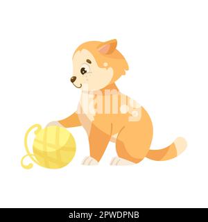 Bande dessinée chat jouant avec balle de fil jaune dessin animé illustration Illustration de Vecteur