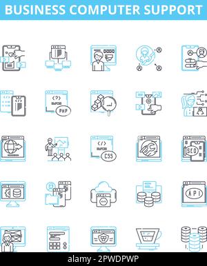 Jeu d'icônes de ligne vectorielle de support d'ordinateur professionnel. INFORMATIQUE, support, entreprise, informatique, technique, Réseau, schéma de conseil, symboles de concept Illustration de Vecteur