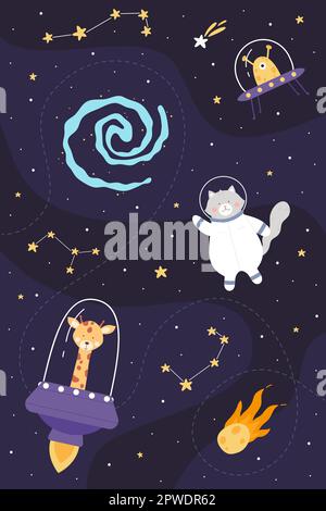 Aventure spatiale des animaux astronautes illustration du vecteur vertical. Dessin d'art puéril avec de jolis explorateurs dans un casque et un vaisseau spatial volant dans une galaxie avec des planètes en roquette, des étoiles dans une constellation Illustration de Vecteur