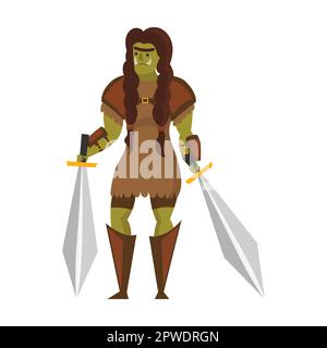 Vert orc avec fangs jeux d'ordinateur heroe dessin animé illustration vectorielle. Viking, guerrier, et d'autres monstres dans la pose et l'émotion. Caractère Illustration de Vecteur