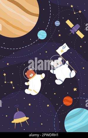 Aventure spatiale des animaux astronautes illustration du vecteur vertical. Dessin d'art puéril avec de jolis explorateurs dans un casque et un vaisseau spatial volant dans une galaxie avec des planètes en roquette, des étoiles dans une constellation Illustration de Vecteur
