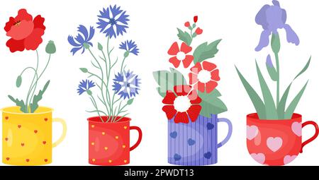 Fleurs d'été. Bouquets de collection de pavot rouge, de cornflowers bleus, de malow et d'iris en tasses. Illustration vectorielle de style plat. Flux saisonnier isolé Illustration de Vecteur