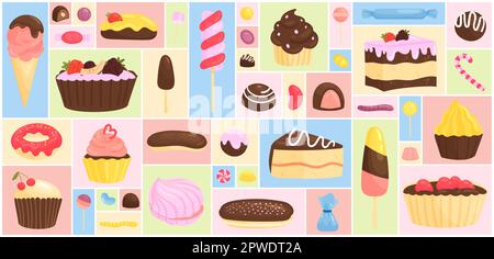 Collection de confiseries et de pâtisseries avec délicieux gâteau muffin cupcake gelée de bonbons beignet lolipop crème glacée eclair sur fond géométrique de collage. Illustration vectorielle de l'ensemble desserts sucrés Illustration de Vecteur