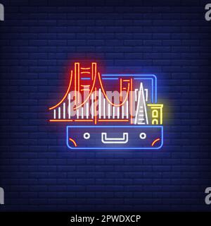Pont et bâtiments dans une valise ouverte enseigne au néon Illustration de Vecteur