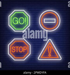 Point d'exclamation, panneaux de signalisation au néon Go and STOP Illustration de Vecteur