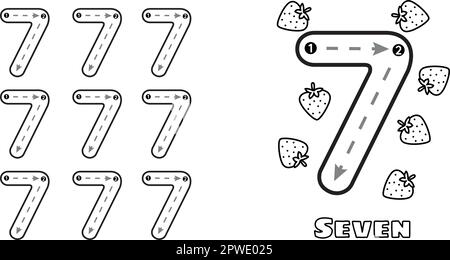 Numéro sept de la feuille de travail de pratique de trace pour les enfants prek et les tout-petits. Illustration vectorielle de tracé de maternelle d'écriture Illustration de Vecteur