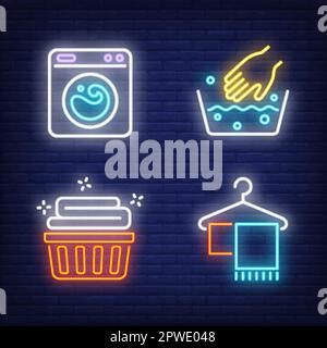 Lave-linge, lavage des mains et nettoyage des panneaux de néon de linge Illustration de Vecteur