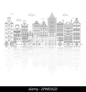 Maisons de style ancien d'Amsterdam.Maisons typiques des canaux hollandais bordées près d'un canal aux pays-Bas.Bâtiment et façades pour bannière ou affiche.Vecteur Illustration de Vecteur