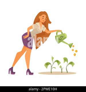 Femme d'affaires arrosoir plantes d'argent illustration de dessin animé Illustration de Vecteur