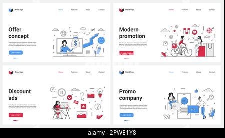 Campagne publicitaire moderne, offres de remise, promotions en ligne ensemble illustration vectorielle. Les gens de dessin animé minuscules utilisent des applications mobiles et des réseaux sociaux pour faire des achats Illustration de Vecteur