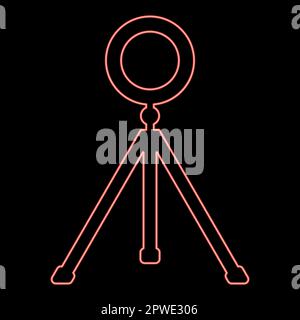 Néon anneau éclairage studio lampe lumière LED selfie lampe avec trépied pour téléphone mobile utilisation Blogger rouge couleur vecteur illustration image plat style lumière Illustration de Vecteur