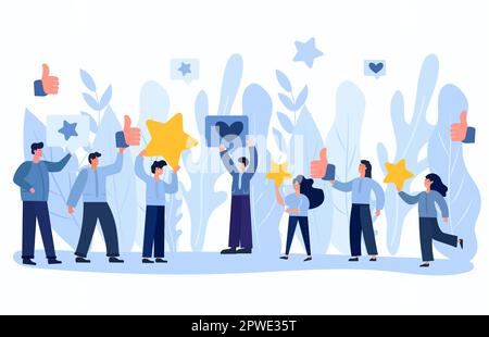 Illustration de personnages de personnes donnant un feedback cinq étoiles par le biais du système de notation des étoiles. Concepts vectoriels représentant les avis des clients avec des notes positives et négatives. Vecteur. Illustration de Vecteur