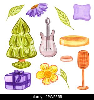 Ensemble d'éléments aquarelle dessinés à la main pour le textile des enfants. Scrapbook, poster typographique, étiquette, bannière, carte postale Banque D'Images
