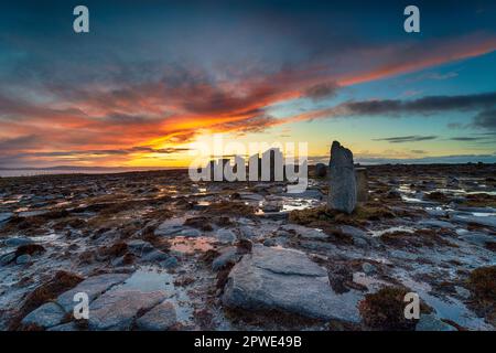 Lever de soleil spectaculaire sur des pierres debout modernes à Deirbhile's Twist sur une tourbière à Falmore sur la voie de l'Atlantique sauvage dans le comté de Mayo en Irlande Banque D'Images