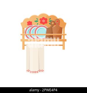 Ancienne étagère de cuisine russe avec illustrations vectorielles d'ustensiles Illustration de Vecteur